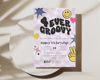 Four Ever Groovy Birthday Invite 4th Birthday Invitation Four Ever Young Birthday Invite Smiley Face Retro Hippie 70s Vibe Birthday FG01