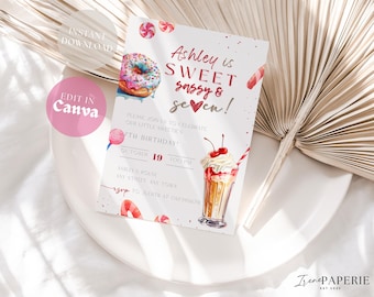 Sweet Sassy and Seven Einladung Candy Sweet Sassy and Seven Mädchen-Geburtstags-Einladung Mädchen 7. Geburtstags-Einladung Candy Sweets Donut 3S01