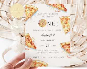 Pizza Party Birthday Editable Invitation Template | First Birthday Pizza Invite Printable | Pizza Slice of Fun 1st Birthday Decor PZ001