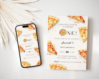 Pizza Party Birthday Editable Invitation Template | First Birthday Pizza Phone Evite | Pizza Slice of Fun 1st Birthday Text Invite PZ001