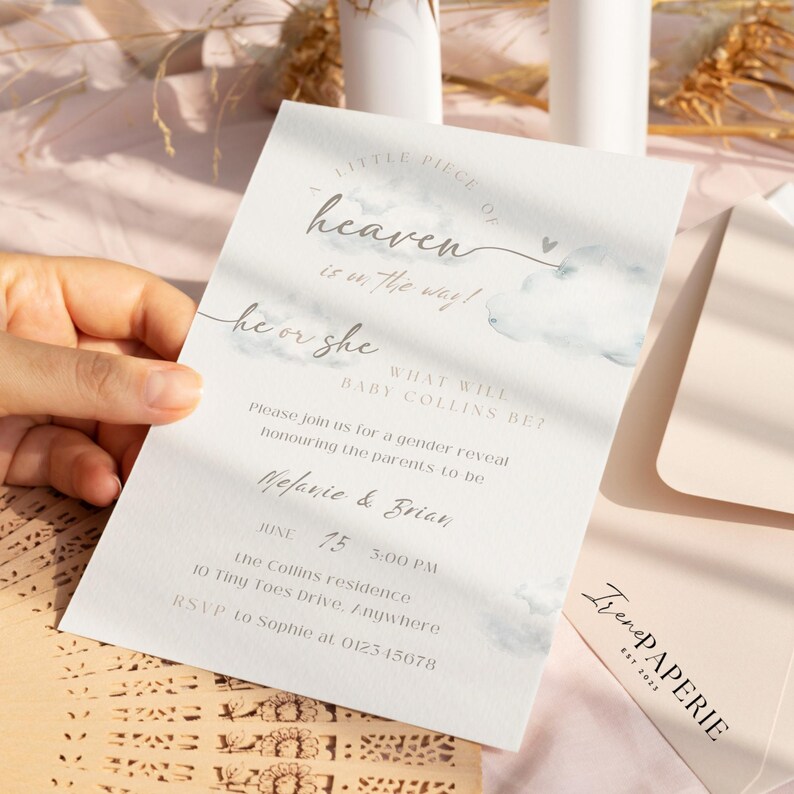 May include: A gender reveal invitation with the text "Little piece of heaven is on the way!" and "He or she". The invitation includes details for a gender reveal party, with the names Melanie & Brian, date, time, and location.