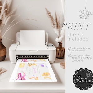 May include: A white printer printing sheets with a colourful design. The text "PRINT sheets included" is visible, along with options to edit, save, and print at home or send to a printing company. The design includes the text "Bella" and "Irene Paperie".
