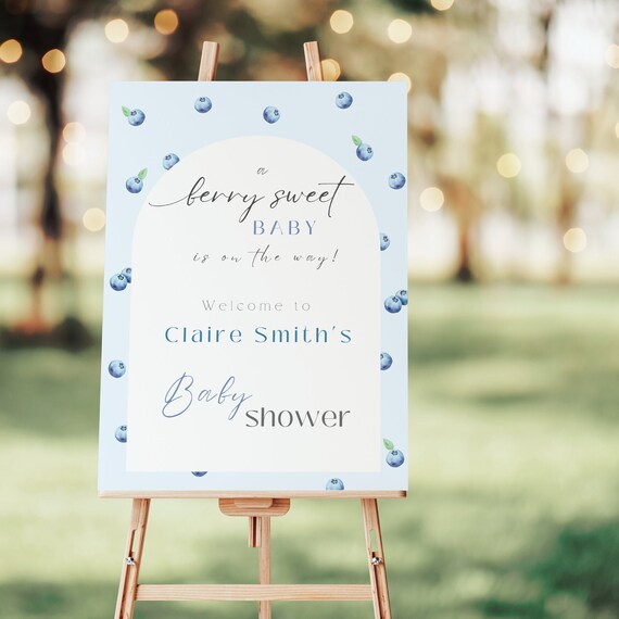 Blueberry Baby Shower Sign Berry Themed Baby Shower Welcome Poster Editable Printable Sign Berry Sweet Baby Brunch Boy Gender Neutral BB004