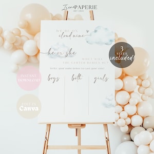 May include: A white printable sign with a watercolour cloud design and the text "We're on cloud nine, he or she, What will the Carter babies be? Write your name below to cast your vote. Boys, Both, Girls."  The sign is on a wooden easel and surrounded by beige balloons.