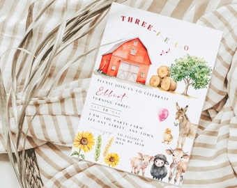 Barnyard Invitation Boy Third Birthday Party | 3Rd Birthday Farm Animal Theme | Three I-E-I-O Old McDonald Birthday Invite Editable TH001
