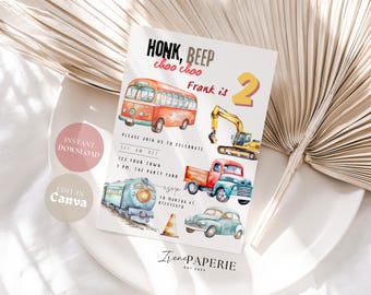Transportation Birthday Invitation Honk, Beep, Choo, Choo Train Truck Cars Editable Digital Download Template Kids Birthday Invite THBC01