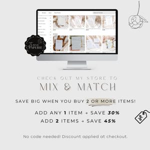 May include: A computer monitor shows an Etsy shop selling baby shower invitations. The image includes the shop's logo and text that reads "CHECK OUT MY STORE TO MIX & MATCH" and "SAVE BIG WHEN YOU BUY 2 OR MORE ITEMS!"