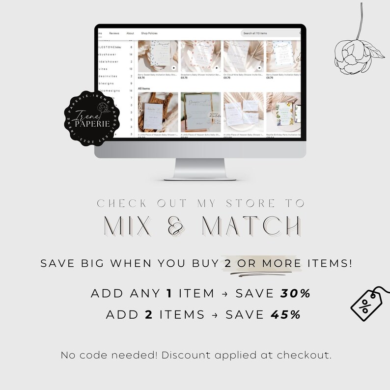 May include: A computer monitor shows an Etsy shop selling baby shower invitations. The image includes the shop's logo and text that reads "CHECK OUT MY STORE TO MIX & MATCH" and "SAVE BIG WHEN YOU BUY 2 OR MORE ITEMS!"