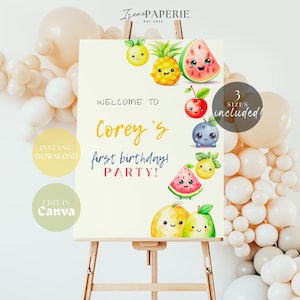 Letrero de bienvenida para cumpleaños con frutas danzantes, imprimible para fiesta de frutas y verduras danzantes, decoración imprimible para fiesta de primer cumpleaños, DF01
