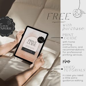 May include: A tablet showing a "Print Guide" with text and a logo. The image includes the words "Free" and "Print Guide" with instructions and recommendations for printing services. The tablet is held by a person.