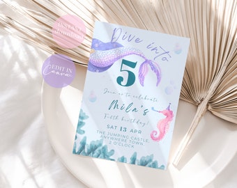 Dive into Five Mermaid Birthday Invitation | Mermaid 5th Birthday Invite Girl | Under the Sea Party Printable Editable Invitation DF001b