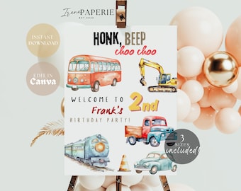Transportation Birthday Invitation Honk, Beep, Choo, Choo Train Truck Cars Editable Digital Download Template Kids Birthday Invite THBC01