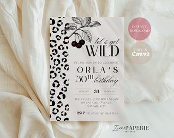 Convite de aniversário com estampa de cereja e oncinha | Convite para jantar e drinks de aniversário | Convite para noite das meninas com tema de cereja | Convite para festa glamourosa | Convite para festa com estampa de oncinha