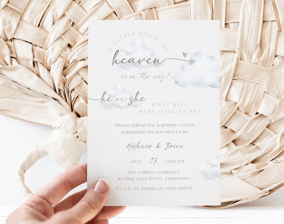 A Little Piece of Heaven Gender Reveal Invite Gender Neutral Cloud Theme Baby |  Heaven Boho Invite Boy or Girl Editable Printable GC001