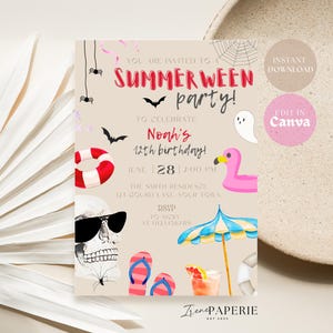Summerween Birthday Invitation Editable Ghost Pool Party Invite Digital Download, Spooky Summer Halloween Celebration Spooky Pool Party SW01