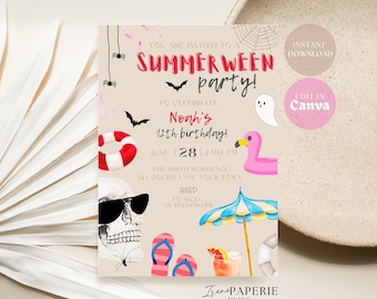 Summerween Birthday Invitation Editable Ghost Pool Party Invite Digital Download, Spooky Summer Halloween Celebration Spooky Pool Party SW01