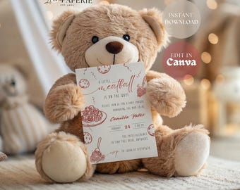 Zaproszenia na baby shower z motywem klopsików, cyfrowe do pobrania, edytowalne, włoskie zaproszenie z makaronem, natychmiastowy dostęp, drukowane cyfrowo LMB01
