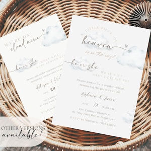 May include: Two gender reveal invitations with cloud and heart illustrations. The text on the invitations reads "We're on cloud nine" and "A little piece of heaven is in the way!" with details for the events, including names, dates, and RSVP information.