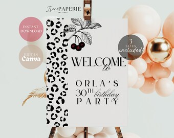 Convite para festa de aniversário com tema de guepardo e cerejas, incluindo jantar e drinks, convite para noite das meninas com tema de cerejas, convite para festa glamourosa, placa com estampa de leopardo e guepardo (CCH).