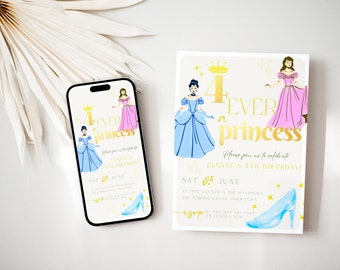 May include: A printable invitation for a 4th birthday party. The invitation features a gold crown, the number 4, and the text "4 Ever a Princess". The invitation also features two princesses in blue and pink dresses. The text "Please join us to celebrate Eloise's 4th Birthday!" is at the bottom of the invitation.