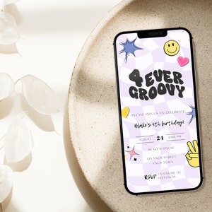 Four Ever Groovy Birthday Evite Electronic Phone Invite 4th Birthday Four Ever Young Birthday Smiley Face Retro Hippie 70s Theme FG01