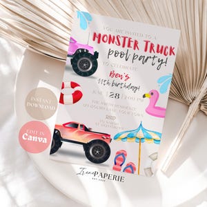 Monster Truck Pool Party Birthday Invite Digital Download, Pool Party Smash Splash Summer Bash Celebration Editable Digital Template MT01