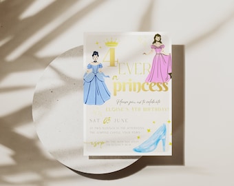 May include: A princess-themed birthday invitation with a gold crown and the text "4 Ever a Princess". The invitation is decorated with stars and features illustrations of two princesses in blue and pink dresses. The text "Please join us to celebrate Eloise's 4th Birthday!" is also included.