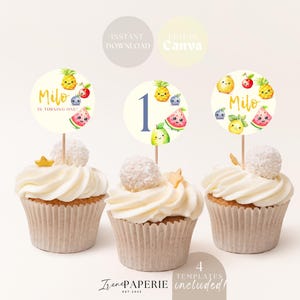 Dancing Fruit Birthday Cupcake Topper Dancing Fruit Vegetables Party Printable 1st Birthday Sweet One Printable Birthday Party Decor DF01