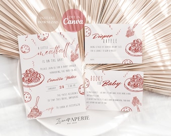 Little Meatball Baby Shower Bundle - Editable Invitation, Diaper Raffle Card, Book for Baby Card Instant Access Printable LMB01