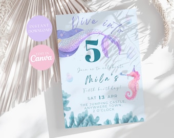 Dive into Five Mermaid Birthday Invitation | Mermaid 5th Birthday Invite Girl | Pool Party Invite | Editable Invitation Template DF001