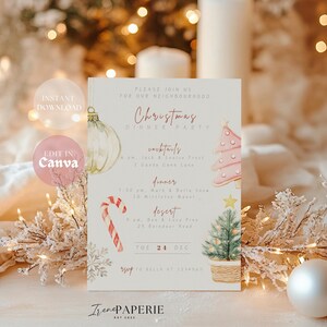 Op de afbeelding: Een printbare uitnodiging voor een kerst-diner met een aquarelontwerp met een snoepstok, een peperkoekboom, een kerstbal en een kerstboom in een pot. De uitnodiging bevat de tekst "Kom gezellig mee naar ons kerst-diner in de buurt" en de datum "Di 24 dec".