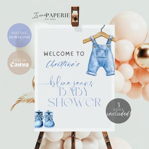 Blue Jean Baby Shower Decorations Editable Denim Rustic Welcome Sign Denim Theme Party Decor Digital Template Customizable Printable BBL01