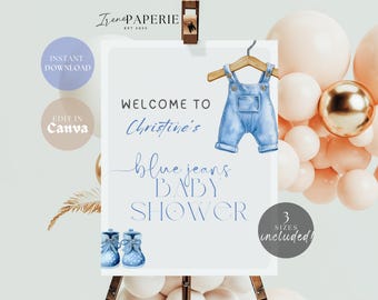 Blue Jean Baby Shower Decorations Editable Denim Rustic Welcome Sign Denim Theme Party Decor Digital Template Customizable Printable BBL01