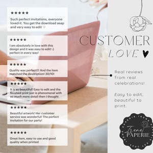 May include: A pink laptop displays customer reviews, with the text "CUSTOMER LOVE" and a floral illustration. The Irene Paperie logo is visible. The image promotes easy-to-edit, beautiful print invitations.