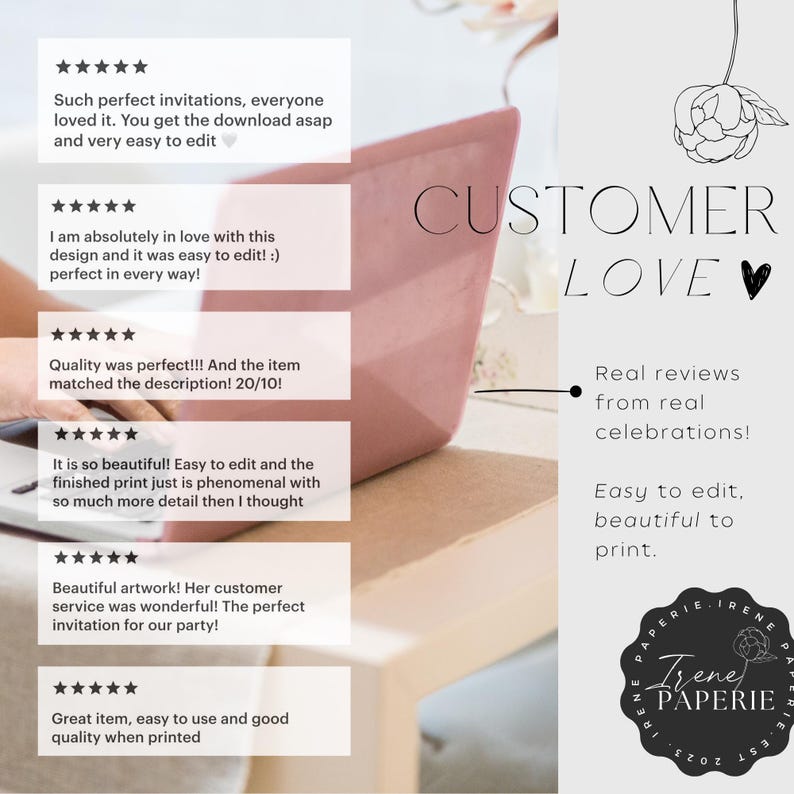 May include: A pink laptop displays customer reviews, with the text "CUSTOMER LOVE" and a floral illustration. The Irene Paperie logo is visible. The image promotes easy-to-edit, beautiful print invitations.