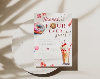 Vier ooit zoete verjaardagsuitnodiging 4e verjaardag meisje | Dessertkoekje Snoep Donut Zoet Verjaardagsfeestje bewerkbare canvassjabloon FS01