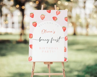 Berry First Birthday Board Welcome Sign | Strawberry 1st Birthday Sign Template Printable Welcome Board Strawberry (Digital Download) BF01