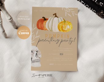 Pumpkin Painting Birthday Invitation Pumpkin Painting Party Invitation | Halloween Pizza And Pumpkin Painting Kids Halloween Party PP02