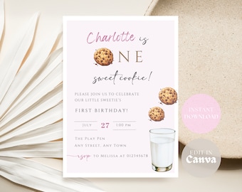 May include: A light pink birthday invitation with the text "Charlotte is ONE sweet cookie!" and illustrations of chocolate chip cookies and a glass of milk. The invitation includes the date, time, and location of the party.