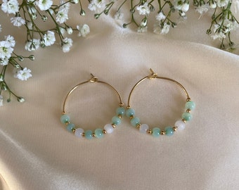 Minimalist earrings with green and gold beads - real gold plated - boho style - handmade