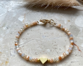 Bracelet with faceted beads | Beige | Friendship Bracelet | 18 carat verholdet | Heart pendant | Gift | Handcrafted
