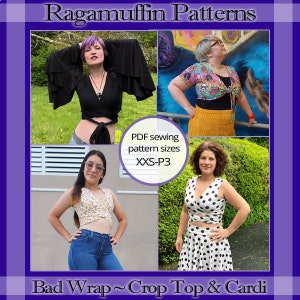 May include: Four women model different versions of a crop top sewing pattern called "Bad Wrap~Crop Top & Cardi". The pattern is available in sizes XXS-P3.