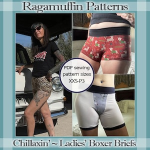 May include: A PDF sewing pattern for boxer briefs, with a red and white print featuring a sheep design, a white print with a bird design, and a leopard print. The pattern is available in sizes XXS-P3. The text "Ragamuffin Patterns" and "Chillaxin'~Ladies' Boxer Briefs" is visible in the image.