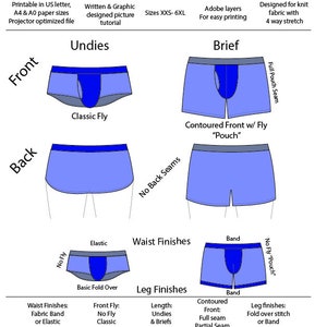 Peut inclure: Diagramme de patrons de sous-vêtements pour hommes, comprenant des slips et des boxers, avec diverses options de braguette et de finition de taille. L'image comprend le texte "Ragamuffin Patterns" et des tailles de XXS à 6XL.