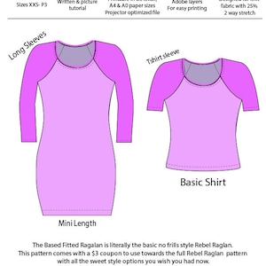Könnte beinhalten: Ein digitales Schnittmuster für ein figurbetontes Raglan-Shirt mit langen Ärmeln. Das Schnittmuster ist für Strickstoff mit 25% Stretch konzipiert. Das Schnittmuster umfasst die Größen XXS-P3 und ist in den Formaten US Letter, A4 und A0 druckbar. Das Schnittmuster ist für Projektoren optimiert und enthält Adobe-Ebenen für einfaches Drucken. Das Schnittmuster heißt "Based ~ Fitted Raglan".