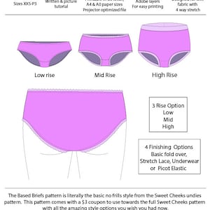 May include: A digital illustration of a sewing pattern for ladies' briefs. The pattern includes three rise options: low, mid, and high. It also includes four finishing options: basic fold over, stretch lace, underwear, or picot elastic. The pattern is called "Based ~ Ladies' Briefs".