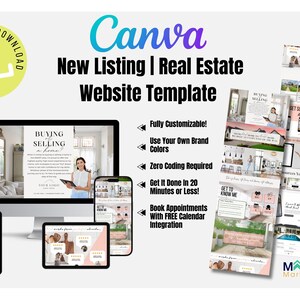 Puede incluir: Una plantilla de sitio web de Canva para agentes inmobiliarios, con un esquema de color rosa y blanco, imágenes de casas y una mujer. El texto "¿Comprar o vender una casa?" se muestra en el sitio web. La plantilla es personalizable e incluye una integración de calendario para reservar citas.