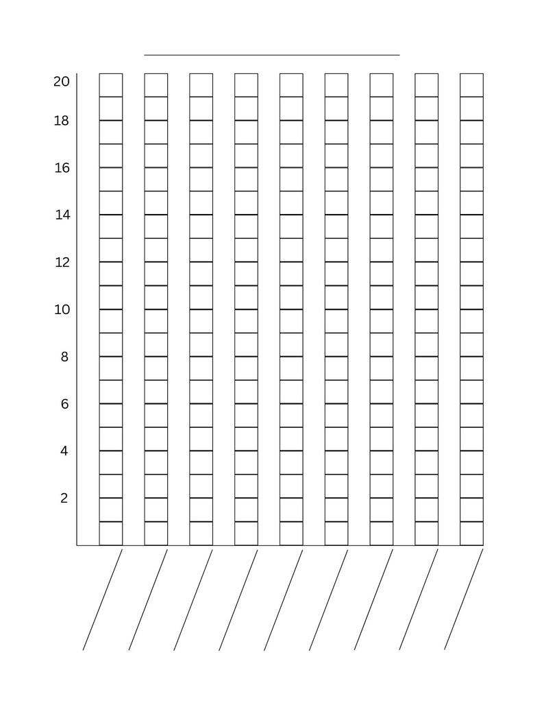 May include: A black and white graph with a vertical y-axis labeled from 0 to 20. The graph has 10 columns, each divided into 20 equal sections. Diagonal lines are drawn at the bottom of the graph.