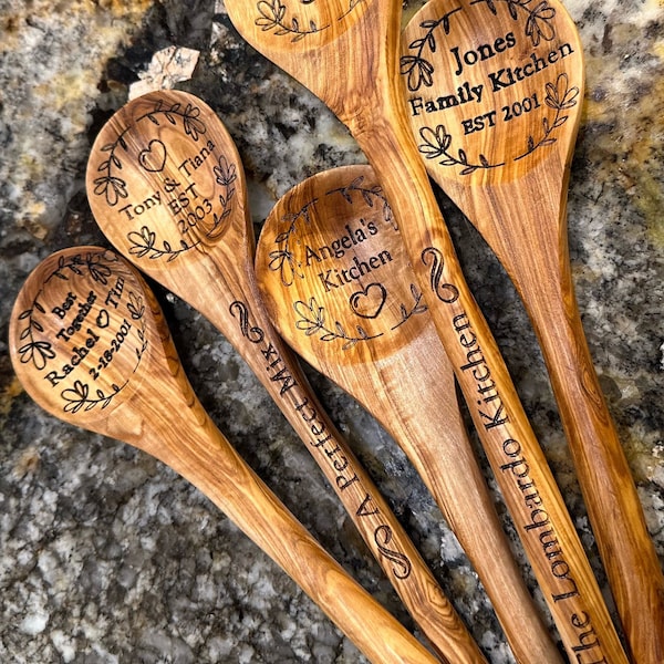 Pair of Personalized engraved Olive wood Spoon & Spatula Set