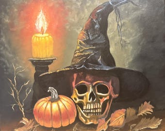 May include: An oil painting depicting a Halloween still life. A skull wearing a witch's hat sits next to a pumpkin and a lit candle. The color palette includes orange, yellow, black, and brown.